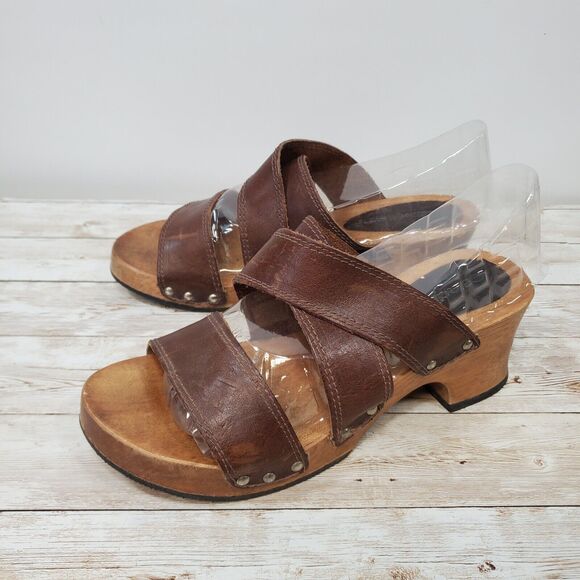 Y2K Candie's Wooden Chunky Heels w/Platform, VTG Brown‎ Leather Sandals, Size: 5 - Picture 1 of 10